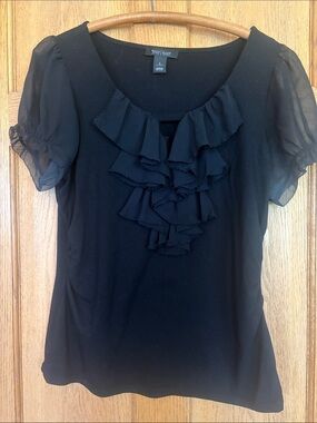 White House Black Market Black Ruffle Front Short Sleeve Blouse